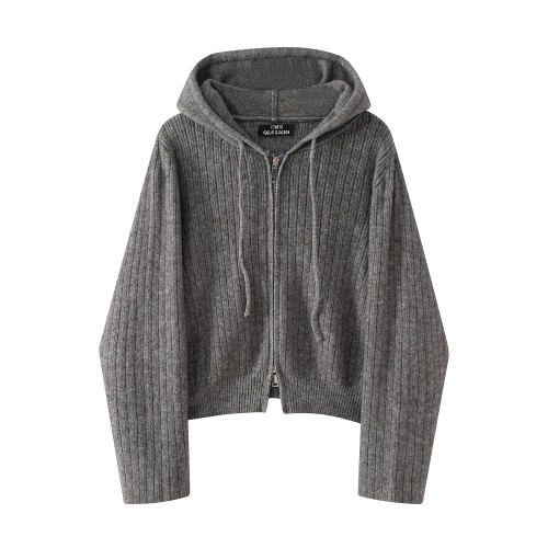 巧麗莎灰色毛衣外套秋冬高級感內搭上衣女韓系慵嬾風連帽針織開衫