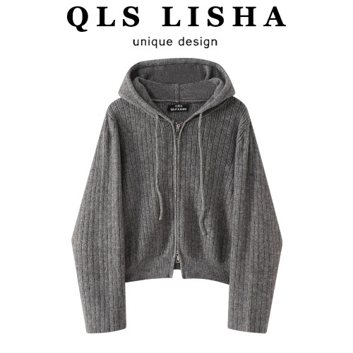 巧麗莎灰色毛衣外套秋冬高級感內搭上衣女韓系慵懶風連帽針織開衫 巧麗莎灰色毛衣外套秋冬高級感內搭上衣女韓系慵懶風連帽針織開衫