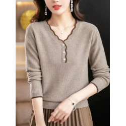 花邊套頭V領毛衣女秋季新款慵懶軟糯針織打底衫寬松外穿內搭上衣