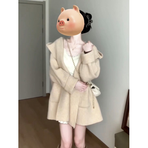 2025新款韓系慵懶風中長款毛衣外套女秋冬高級感連帽針織開衫上衣 2025新款韓系慵懶風中長款毛衣外套女秋冬高級感連帽針織開衫上衣