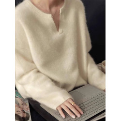 浣熊絨白色v領毛衣女秋冬季小個子寬松慵懶風內搭針織衫打底上衣