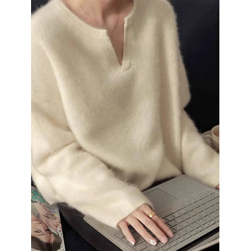 浣熊絨白色v領毛衣女秋冬季小個子寬松慵懶風內搭針織衫打底上衣 浣熊絨白色v領毛衣女秋冬季小個子寬松慵懶風內搭針織衫打底上衣