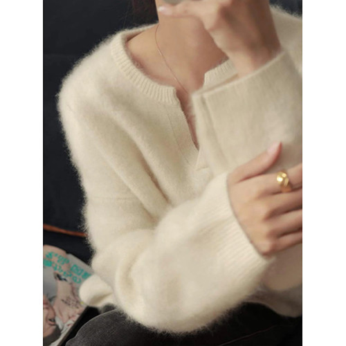 浣熊絨白色v領毛衣女秋冬季小個子寬松慵懶風內搭針織衫打底上衣 浣熊絨白色v領毛衣女秋冬季小個子寬松慵懶風內搭針織衫打底上衣