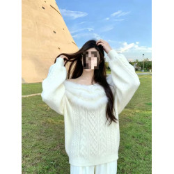 絕美一字肩毛毛領針織毛衣女秋冬巨好看慵懶氣質純欲寬松套頭上衣