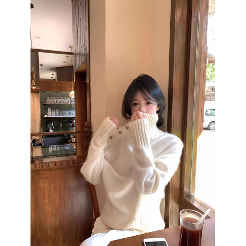 慵懶風高級設計感高領毛衣女秋冬寬松外穿軟糯奶呼呼套頭白色上衣 慵懶風高級設計感高領毛衣女秋冬寬松外穿軟糯奶呼呼套頭白色上衣