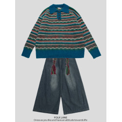 稚成人online 復古polo領彩條紋毛衣女秋冬設計感慵懶風針織上衣