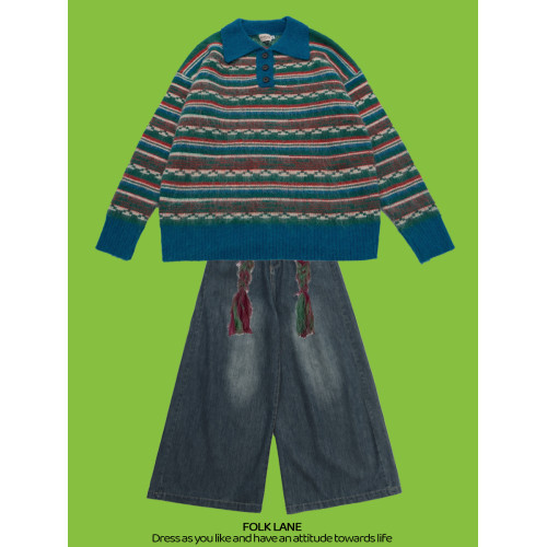 稚成人online 復古polo領彩條紋毛衣女秋冬設計感慵懶風針織上衣 稚成人online 復古polo領彩條紋毛衣女秋冬設計感慵懶風針織上衣