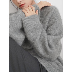 灰色馬海毛毛衣女秋冬加厚軟糯內搭小個子慵懶風寬松圓領針織上衣