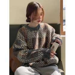 日系復古設計感圓領套頭加厚毛衣女秋冬韓版慵懶風寬松針織衫上衣