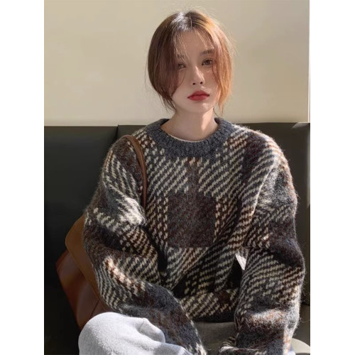 日系復古設計感圓領套頭加厚毛衣女秋冬韓版慵懶風寬松針織衫上衣