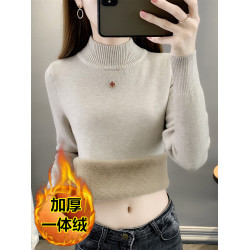 秋冬加絨毛衣女加厚一體絨內搭大碼半高領套頭打底針織衫保暖上衣