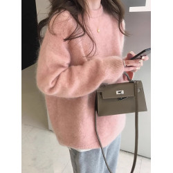 粉色馬海毛毛衣女秋冬內搭小個子軟糯慵懶風寬松套頭針織打底衫