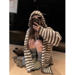 韓系慵懶風軟糯條紋連帽針織開衫女2025春秋季寬松百搭毛衣外套