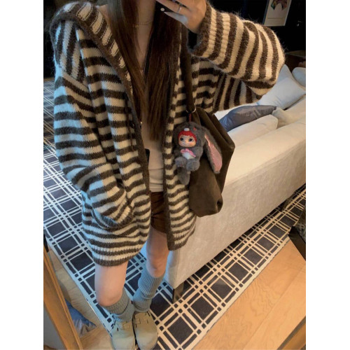 韓系慵懶風軟糯條紋連帽針織開衫女2025春秋季寬松百搭毛衣外套 韓系慵懶風軟糯條紋連帽針織開衫女2025春秋季寬松百搭毛衣外套