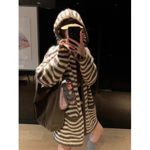 韓系慵懶風軟糯條紋連帽針織開衫女2025春秋季寬松百搭毛衣外套 韓系慵懶風軟糯條紋連帽針織開衫女2025春秋季寬松百搭毛衣外套