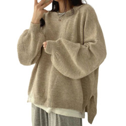 韓系寬松圓領套頭毛衣女秋冬大碼胖mm慵懶風設計感開叉針織衫上衣