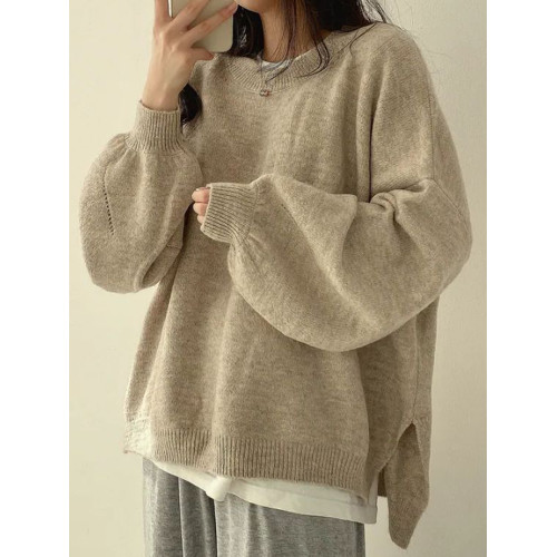 韓系寬松圓領套頭毛衣女秋冬大碼胖mm慵懶風設計感開叉針織衫上衣