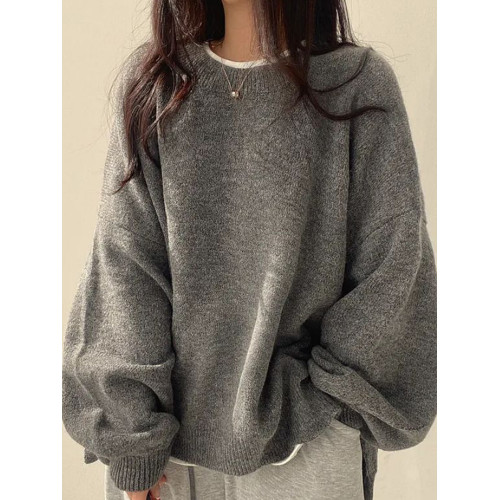 韓系寬松圓領套頭毛衣女秋冬大碼胖mm慵懶風設計感開叉針織衫上衣