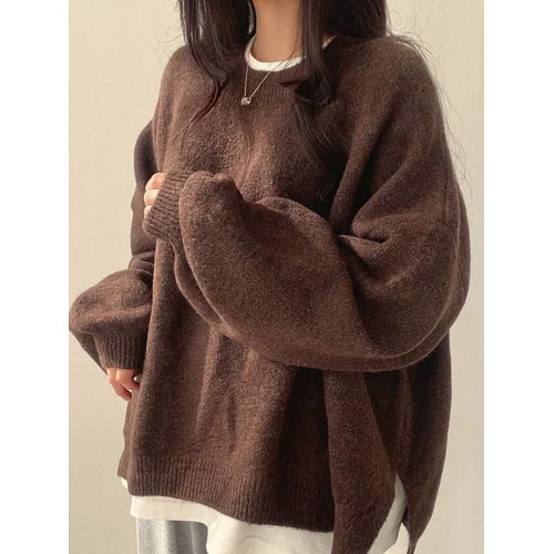 韓系寬松圓領套頭毛衣女秋冬大碼胖mm慵懶風設計感開叉針織衫上衣