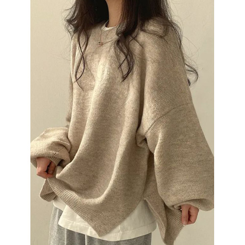 韓系寬松圓領套頭毛衣女秋冬大碼胖mm慵懶風設計感開叉針織衫上衣