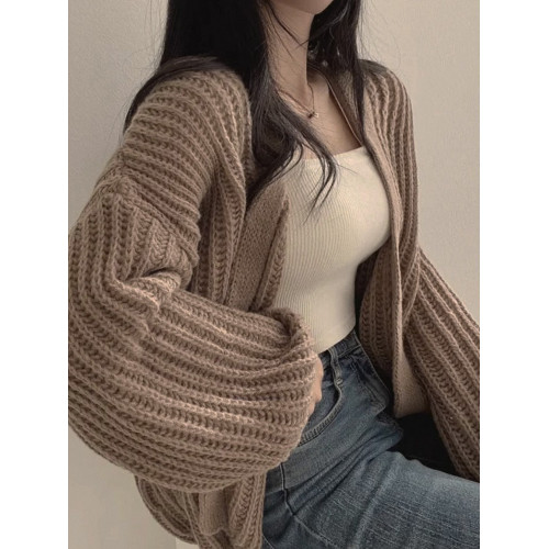 秋冬女裝批新款髮休閒百搭燈籠袖針織慵懶寬松外搭開衫毛衣外套潮