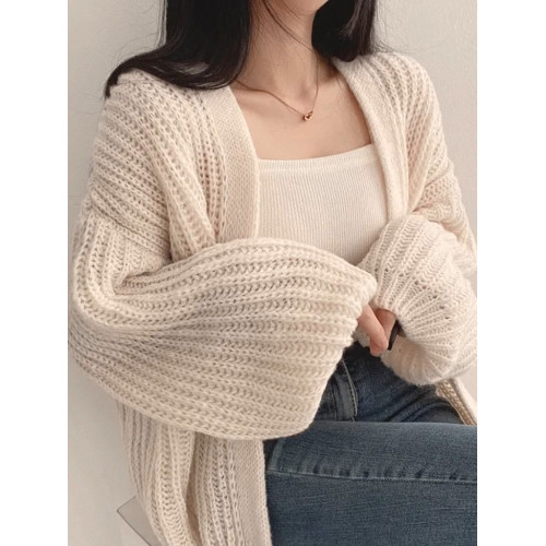 秋冬女裝批新款髮休閒百搭燈籠袖針織慵懶寬松外搭開衫毛衣外套潮