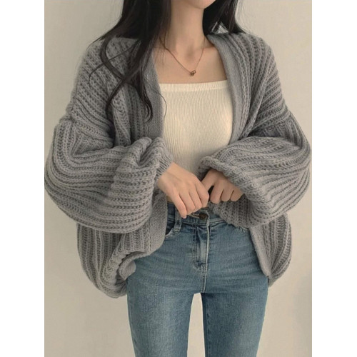 秋冬女裝批新款髮休閒百搭燈籠袖針織慵懶寬松外搭開衫毛衣外套潮