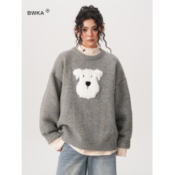 BWKA卡通毛絨小狗圓領毛衣女男秋冬重磅復古寬松慵懶風套頭針織衫