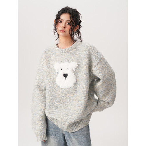 BWKA卡通毛絨小狗圓領毛衣女男秋冬重磅復古寬松慵懶風套頭針織衫