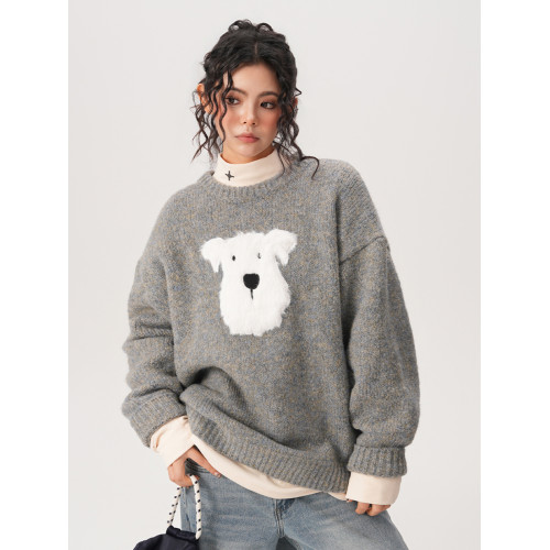 BWKA卡通毛絨小狗圓領毛衣女男秋冬重磅復古寬松慵懶風套頭針織衫