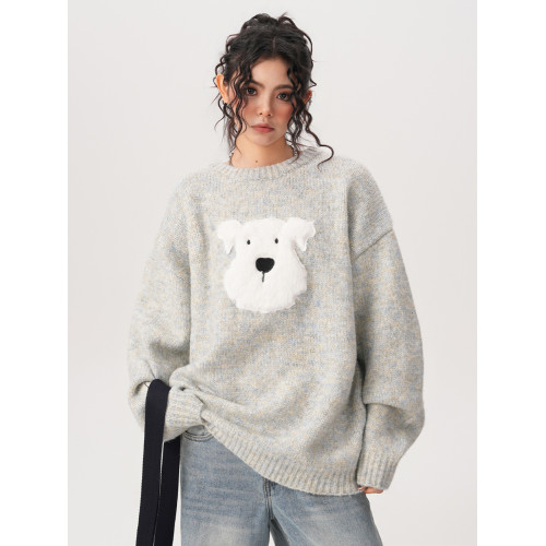 BWKA卡通毛絨小狗圓領毛衣女男秋冬重磅復古寬松慵懶風套頭針織衫