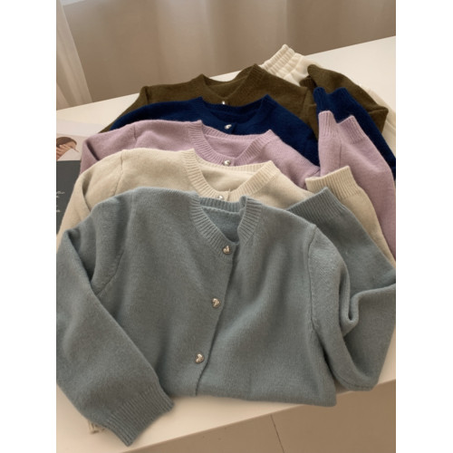 韓版簡約圓領純色開衫毛衣女寬松顯瘦短款針織衫上衣外套2024秋冬