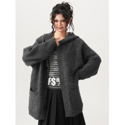 BWKA深灰色針織開衫毛衣女男2024秋冬重磅寬松加厚慵懶風連帽外套