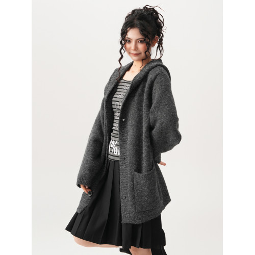 BWKA深灰色針織開衫毛衣女男2024秋冬重磅寬松加厚慵懶風連帽外套