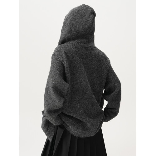 BWKA深灰色針織開衫毛衣女男2024秋冬重磅寬松加厚慵懶風連帽外套