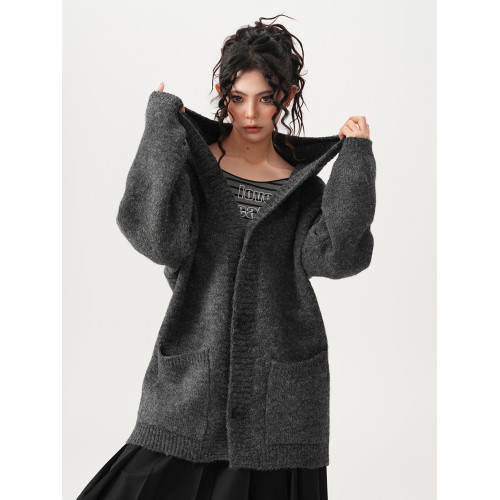 BWKA深灰色針織開衫毛衣女男2024秋冬重磅寬松加厚慵懶風連帽外套