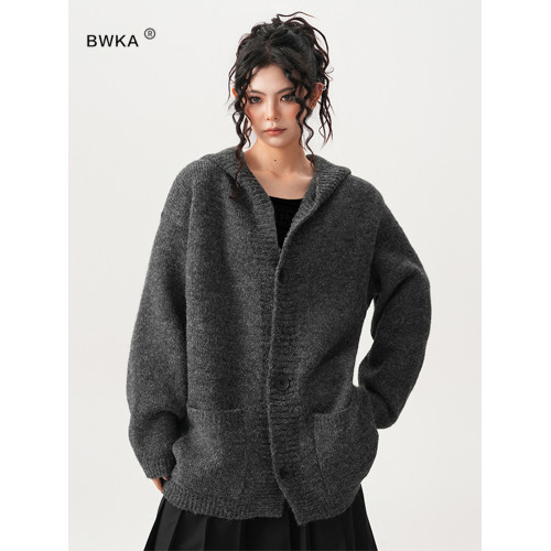 BWKA深灰色針織開衫毛衣女男2024秋冬重磅寬松加厚慵懶風連帽外套