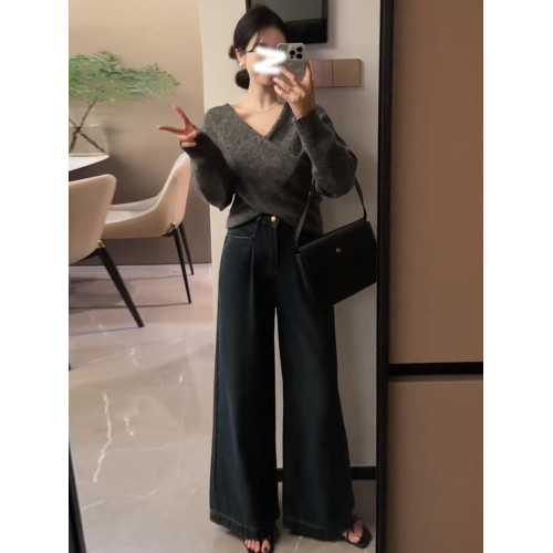 灰色交叉V領套頭毛衣女2025新款秋冬季設計感短款打底針織衫上衣