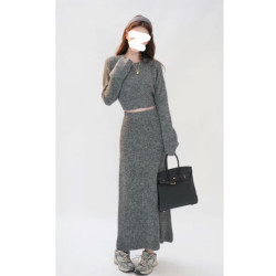 灰色圓領長袖軟糯套頭毛衣女秋冬季修身短款內搭高級感打底針織衫