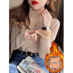 半高領一體絨打底衫女內搭秋冬新款加絨加厚毛衣洋氣木耳邊針織衫
