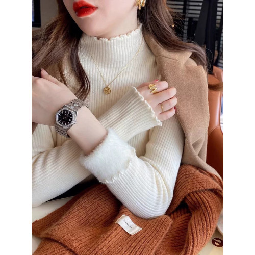 半高領一體絨打底衫女內搭秋冬新款加絨加厚毛衣洋氣木耳邊針織衫