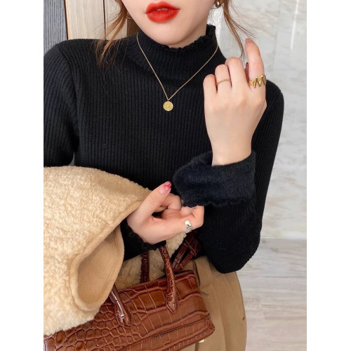 半高領一體絨打底衫女內搭秋冬新款加絨加厚毛衣洋氣木耳邊針織衫