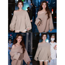 趙露思同款衣服純欲一字肩斜肩毛衣女初秋季慵懶風露肩針織衫上衣