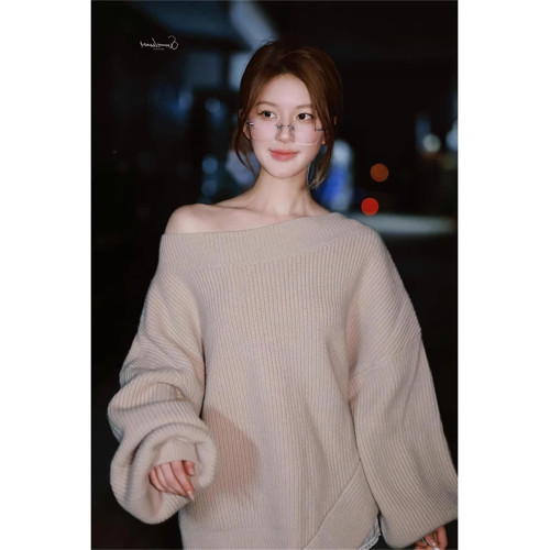 趙露思同款衣服純欲一字肩斜肩毛衣女初秋季慵懶風露肩針織衫上衣