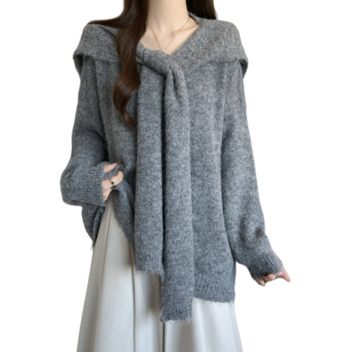 奶呼呼軟糯針織衫女春秋大碼胖mm寬松慵懶風毛衣披肩海軍領兩件套