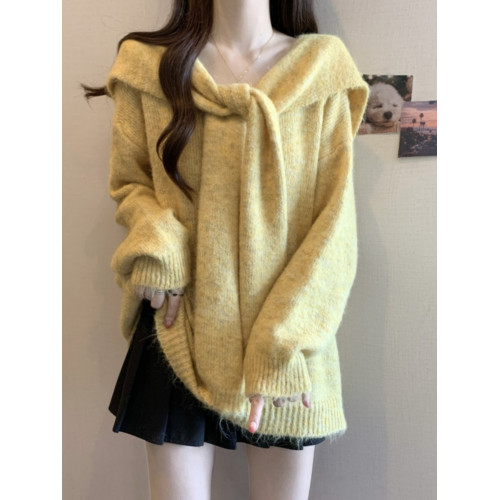 奶呼呼軟糯針織衫女春秋大碼胖mm寬松慵懶風毛衣披肩海軍領兩件套