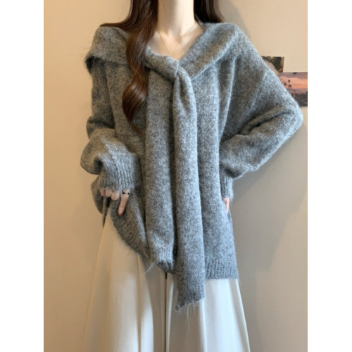 奶呼呼軟糯針織衫女春秋大碼胖mm寬松慵懶風毛衣披肩海軍領兩件套