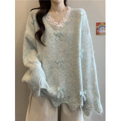 巨好看蕾絲V領灰色毛衣秋季2025新款大碼女裝胖mm長袖針織衫上衣