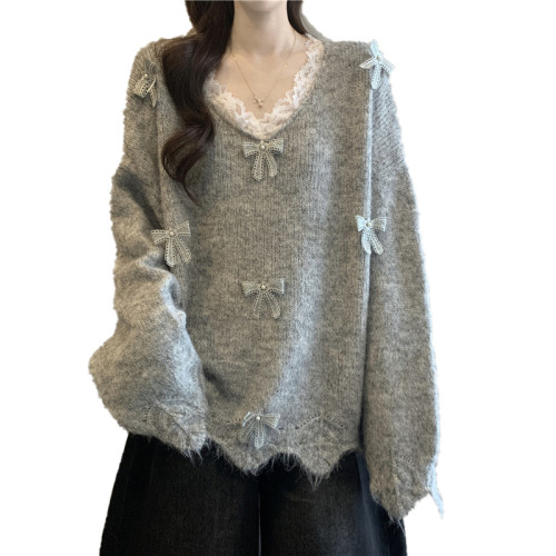 巨好看蕾絲V領灰色毛衣秋季2025新款大碼女裝胖mm長袖針織衫上衣