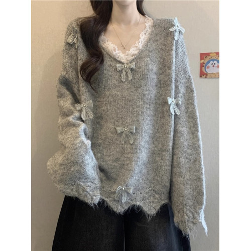 巨好看蕾絲V領灰色毛衣秋季2025新款大碼女裝胖mm長袖針織衫上衣